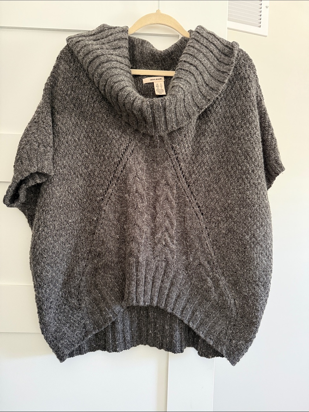 DKNY Gray Cable Knit Cowl-Neck Short Sleeve Sweater